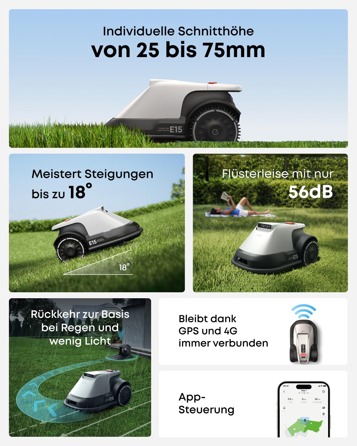 eufy E15 Mähroboter ohne Begrenzungskabel, Keine Signalausfälle, Kein RTK, TrueVision Technologie, Smart-Navigation, Garten bis 800m², Präzisionsrandschnitt, Hindernisvermeidung, App-Steuerung