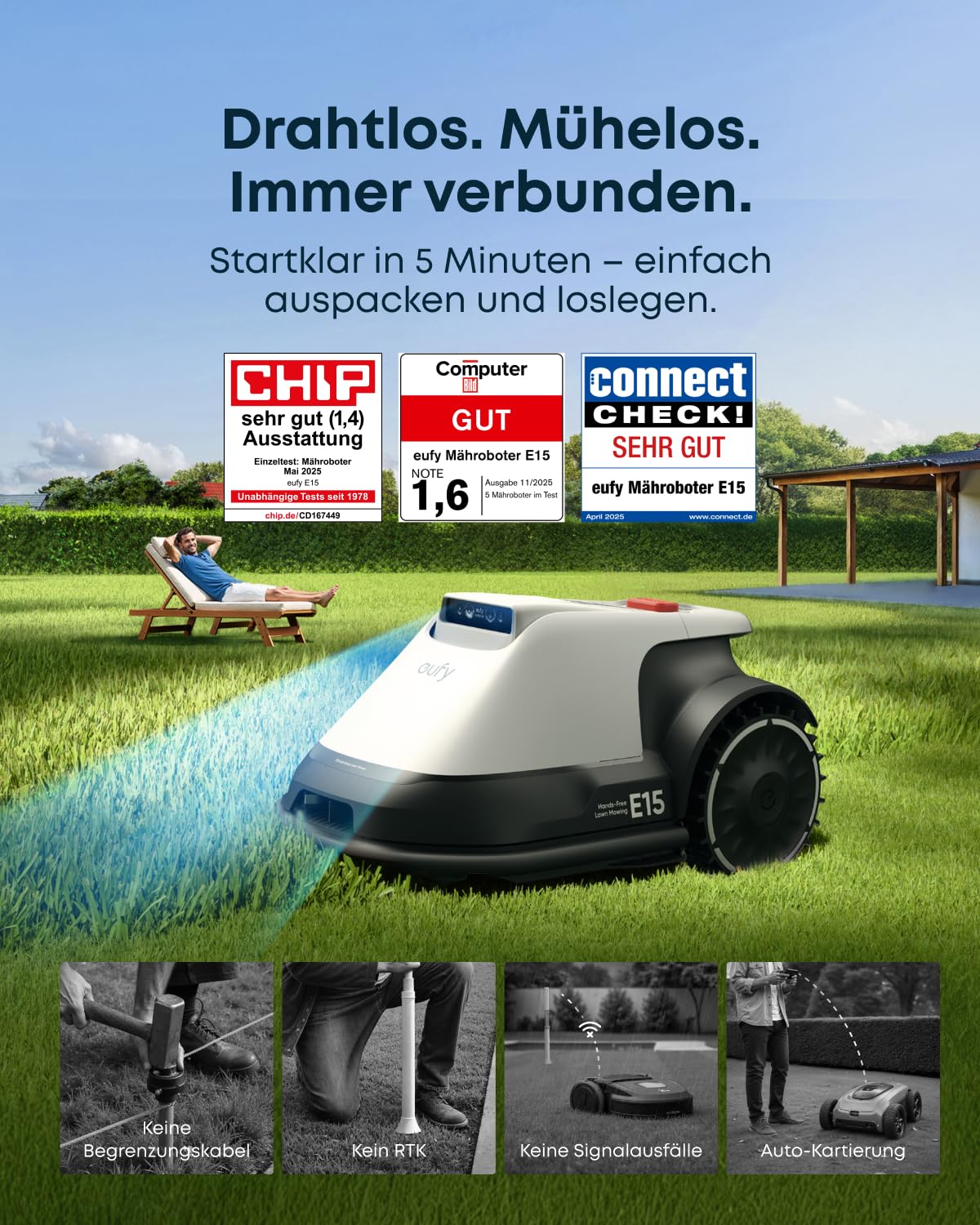 eufy E15 Mähroboter ohne Begrenzungskabel, Keine Signalausfälle, Kein RTK, TrueVision Technologie, Smart-Navigation, Garten bis 800m², Präzisionsrandschnitt, Hindernisvermeidung, App-Steuerung