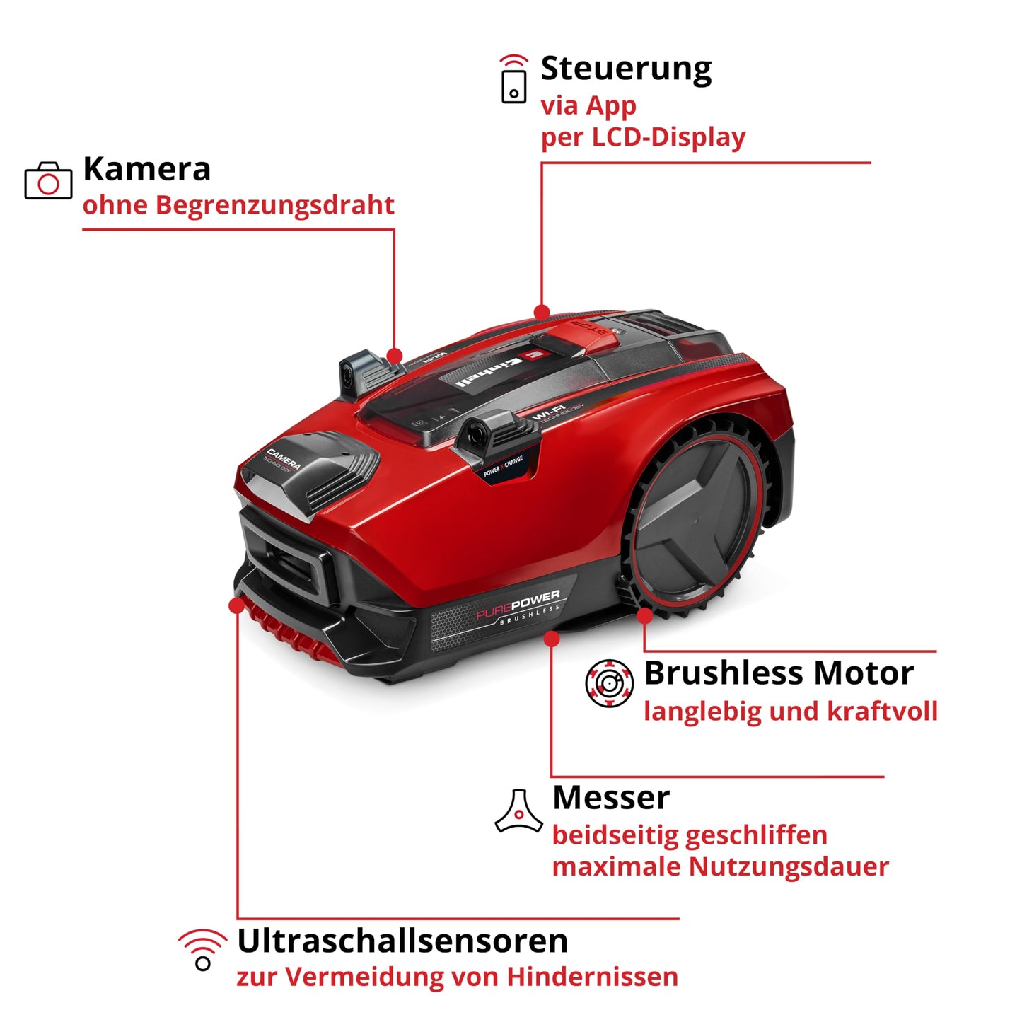 Einhell Mähroboter FREELEXO CAM PLUS 600 Power X-Change (18 V, Kamera statt Begrenzungsdraht, für 600 m², WiFi, Brushless, bis 25 % Steigung, inkl. 4,0 Ah Plus Akku)