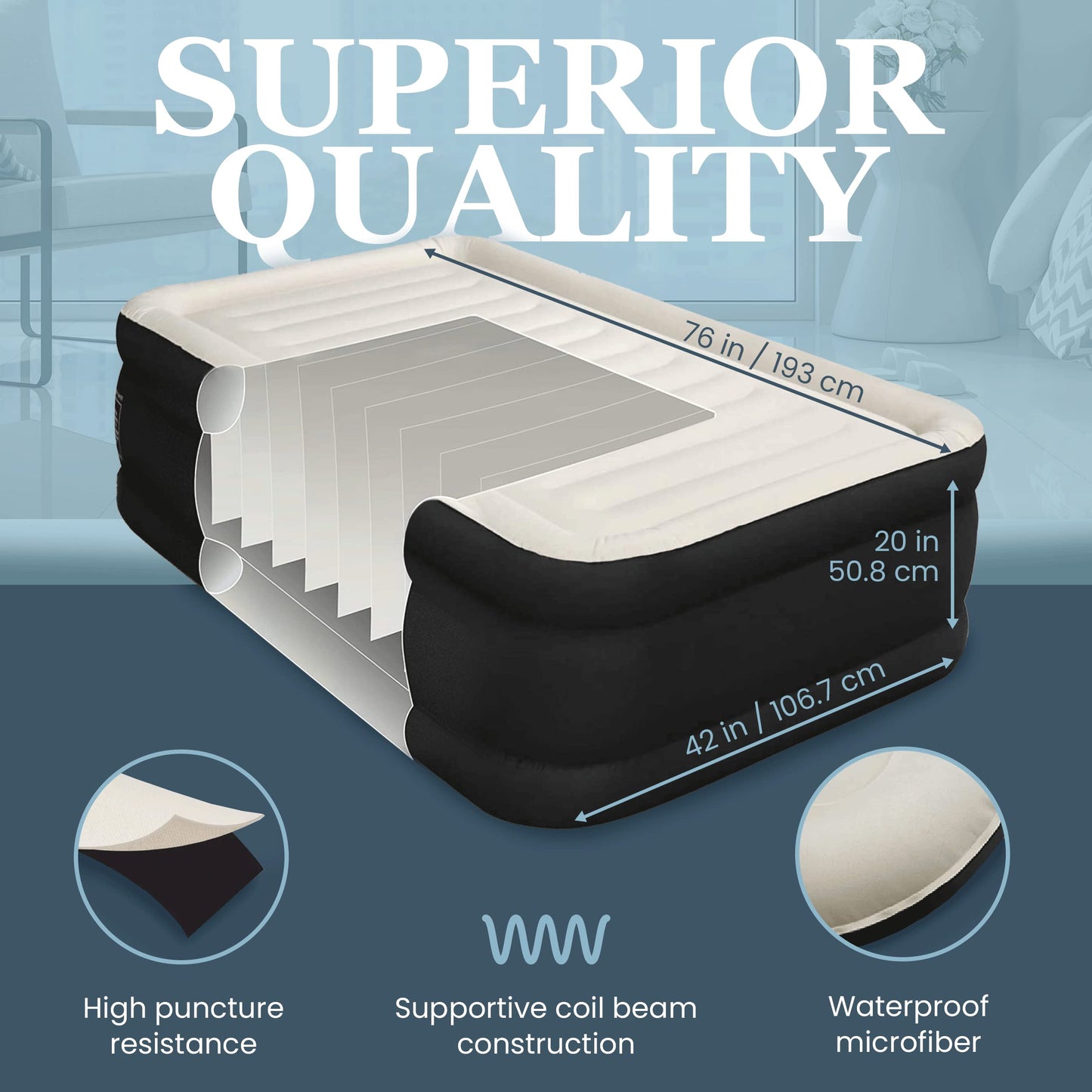Englander Twin Microfiber Air Mattress with Built-in Pump – Comfortable Black/Cream Inflatable Bed for Guests & Travel