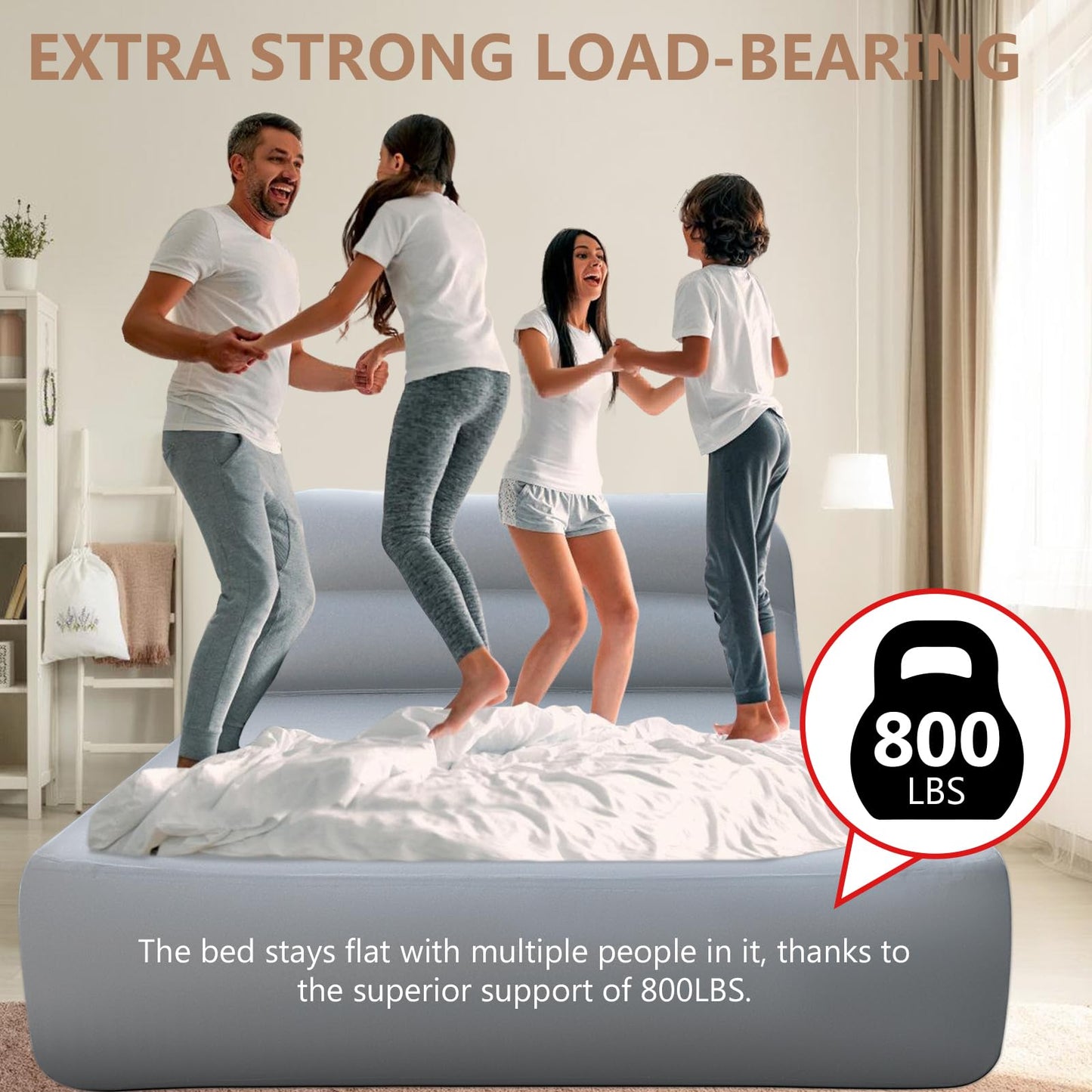 Crossing King Queen Luftmatratze mit kabelloser Pumpe & Kopfteil – Luxus-Airbed mit grauem Bezug, 362 kg Tragkraft, Camping