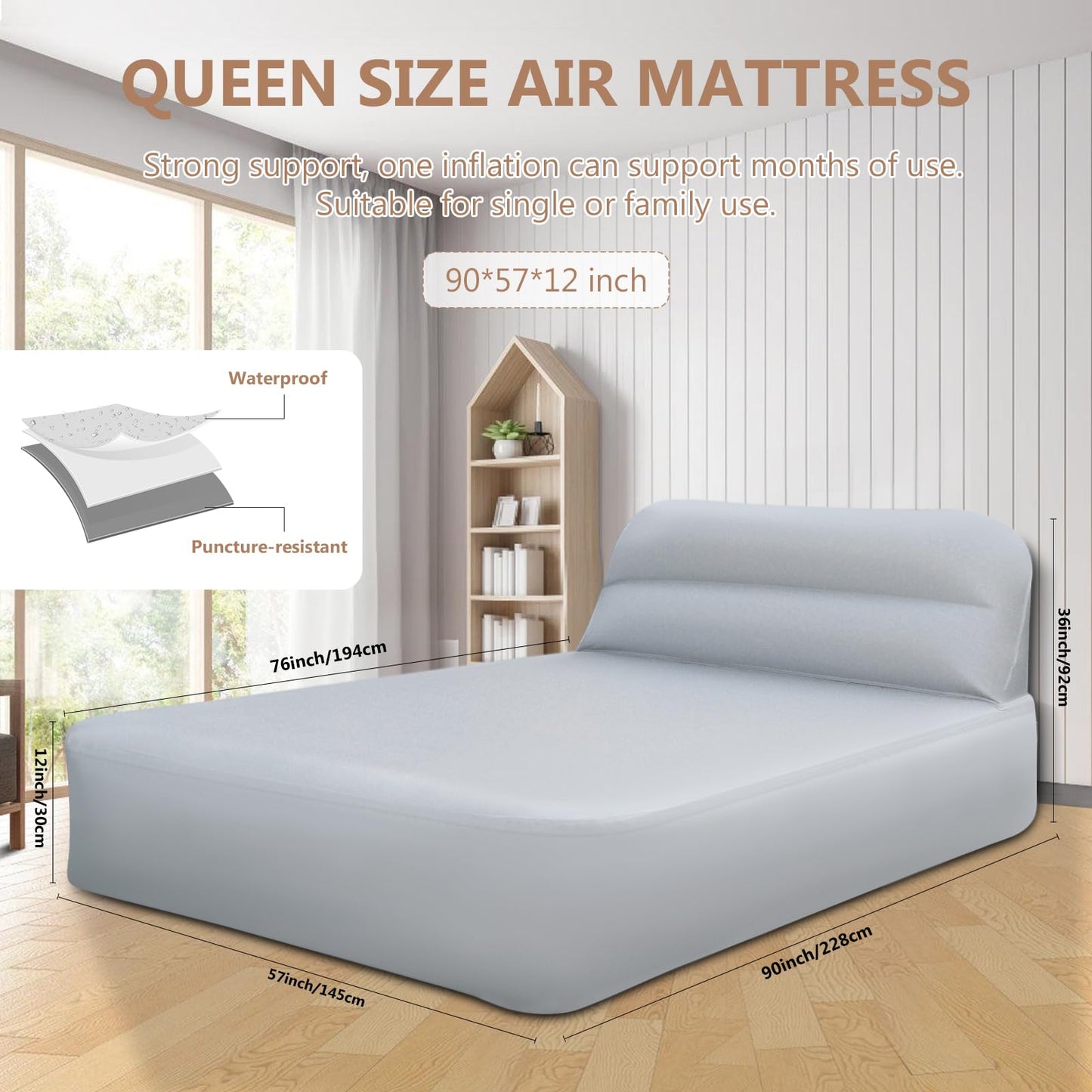 Crossing King Queen Luftmatratze mit kabelloser Pumpe & Kopfteil – Luxus-Airbed mit grauem Bezug, 362 kg Tragkraft, Camping