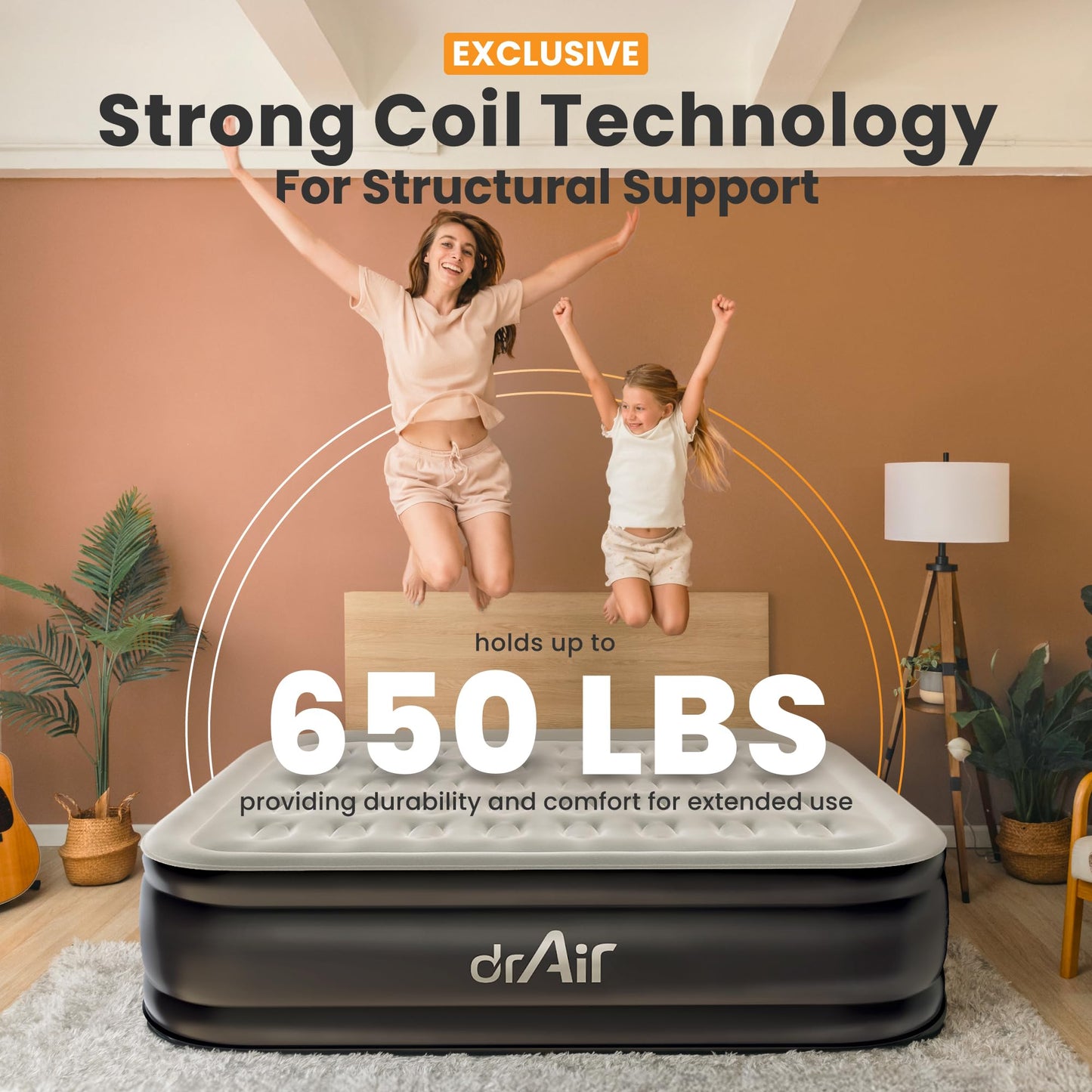 Dr. air Queen Air Mattress, 18" Raised Inflatable Bed with Built-in Pump, Waterproof Top, Ergonomic Design & Carry Bag