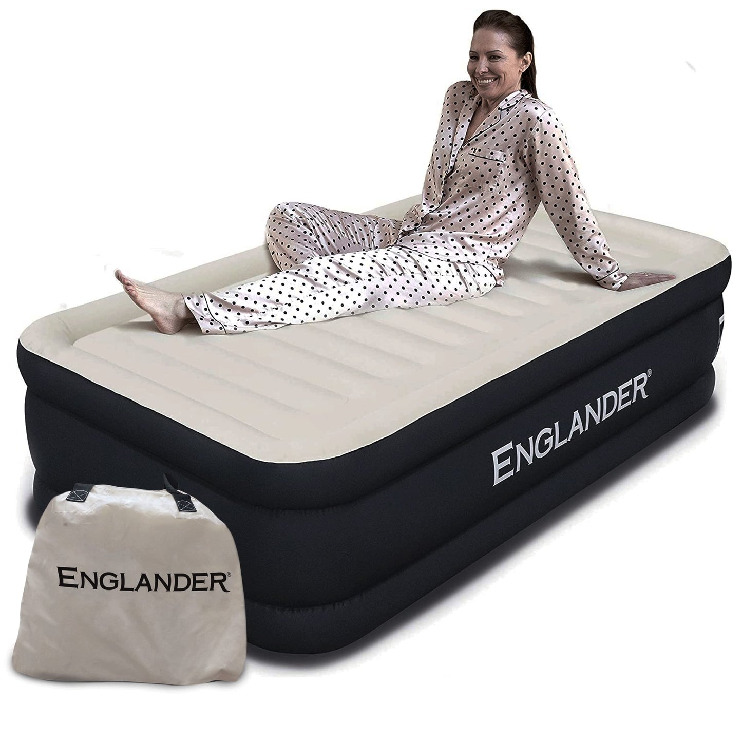 Englander Twin Microfiber Air Mattress with Built-in Pump – Comfortable Black/Cream Inflatable Bed for Guests & Travel