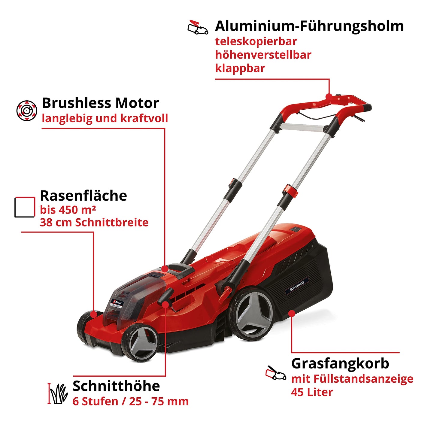Einhell Akku-Rasenmäher RASARRO 36/38 Kit Power X-Change (36 V, 38 cm Schnittbreite, 450 m², Brushless, Mulchfunktion, 45L Fangkorb, inkl. 2x 4,0 Ah Akkus + Twincharger)