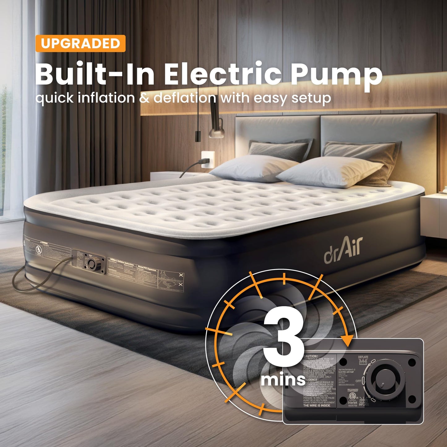 Dr. air Queen Air Mattress, 18" Raised Inflatable Bed with Built-in Pump, Waterproof Top, Ergonomic Design & Carry Bag