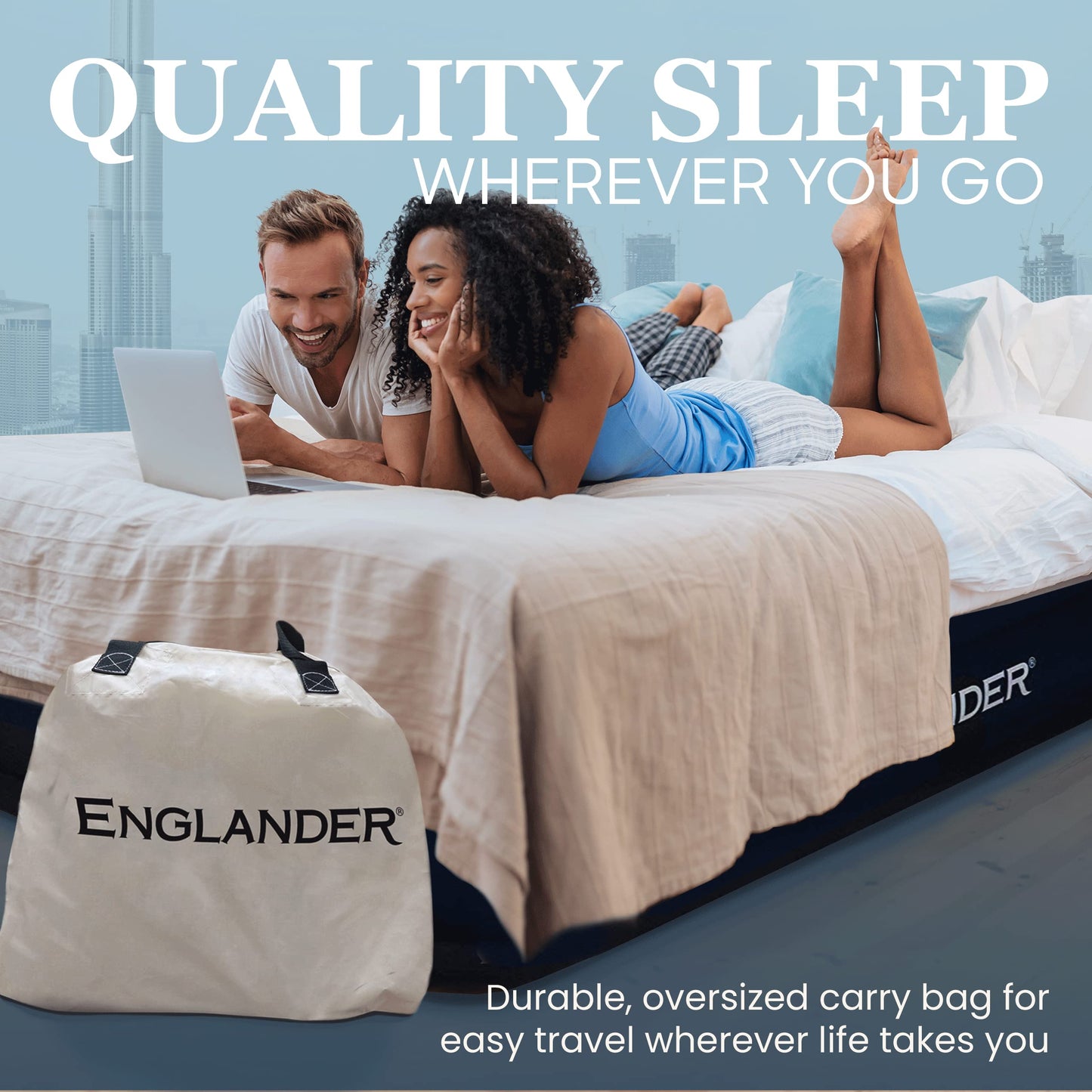 Englander Twin Microfiber Air Mattress with Built-in Pump – Comfortable Black/Cream Inflatable Bed for Guests & Travel