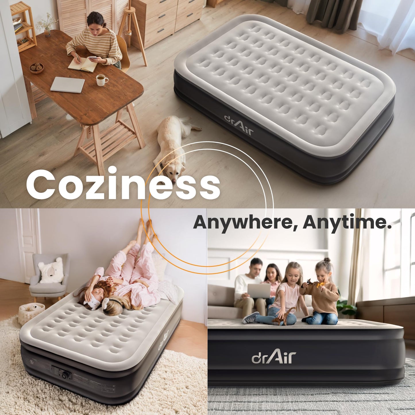 Dr. air Queen Air Mattress, 18" Raised Inflatable Bed with Built-in Pump, Waterproof Top, Ergonomic Design & Carry Bag