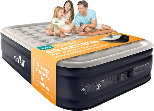 Dr. air Queen Air Mattress, 18" Raised Inflatable Bed with Built-in Pump, Waterproof Top, Ergonomic Design & Carry Bag