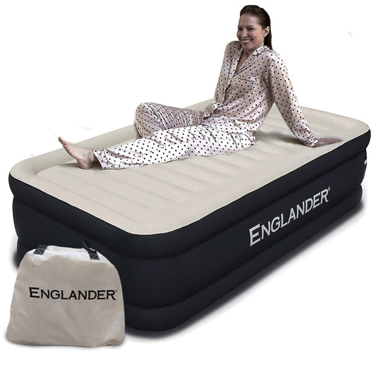Englander Twin Microfiber Air Mattress with Built-in Pump – Comfortable Black/Cream Inflatable Bed for Guests & Travel