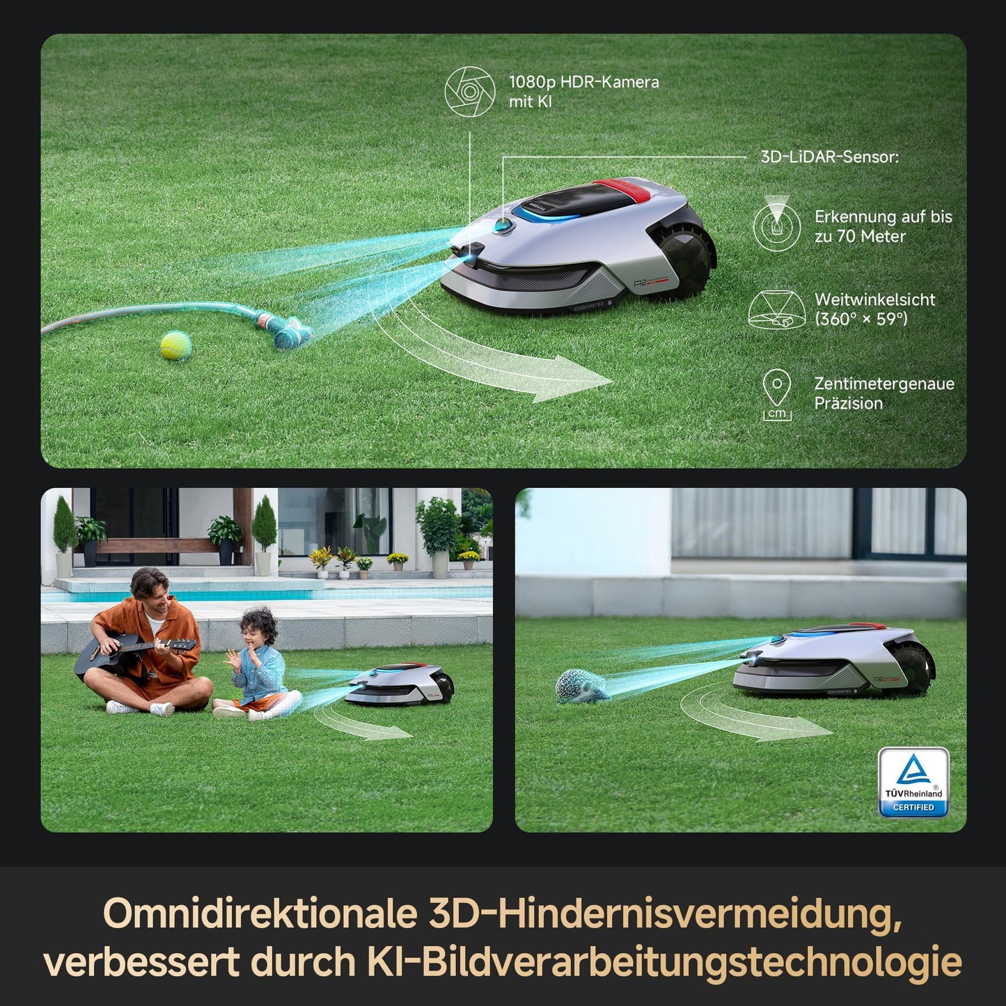 DREAME Mähroboter A2 ohne Begrenzungskabel, 3D-LiDAR + KI-Kamera, Auto-Begrenzungseinrichtung,3000 m²,Dual-Fusion-Kartierung, OmniSense-2.0-Hindernisvermeidung, EdgeMaste-Schneidsystem